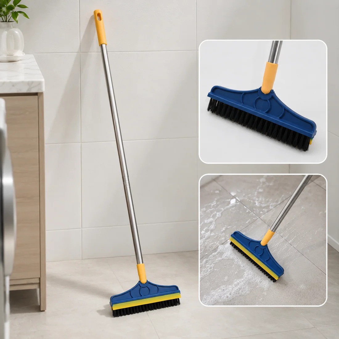 Floor Cleaning Brush Long Handle 2 in 1 Wiper & Scrubber